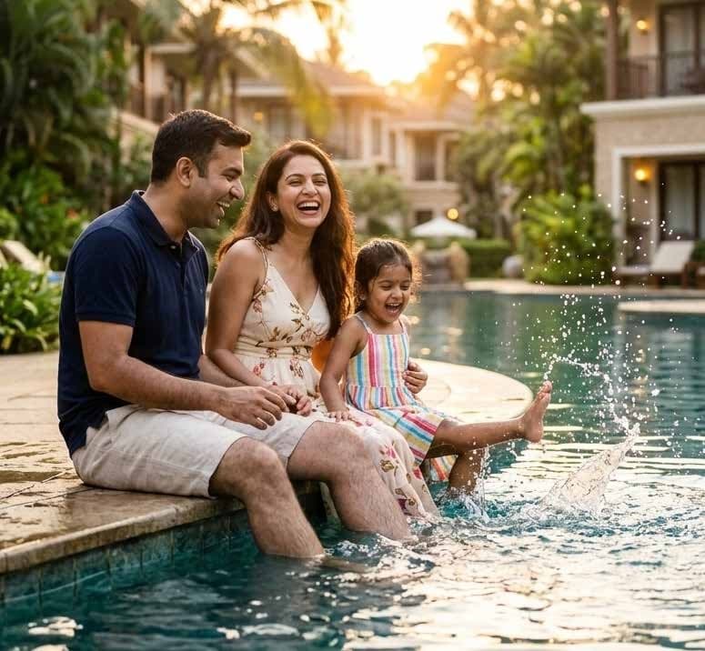 A family relaxing together by the pool