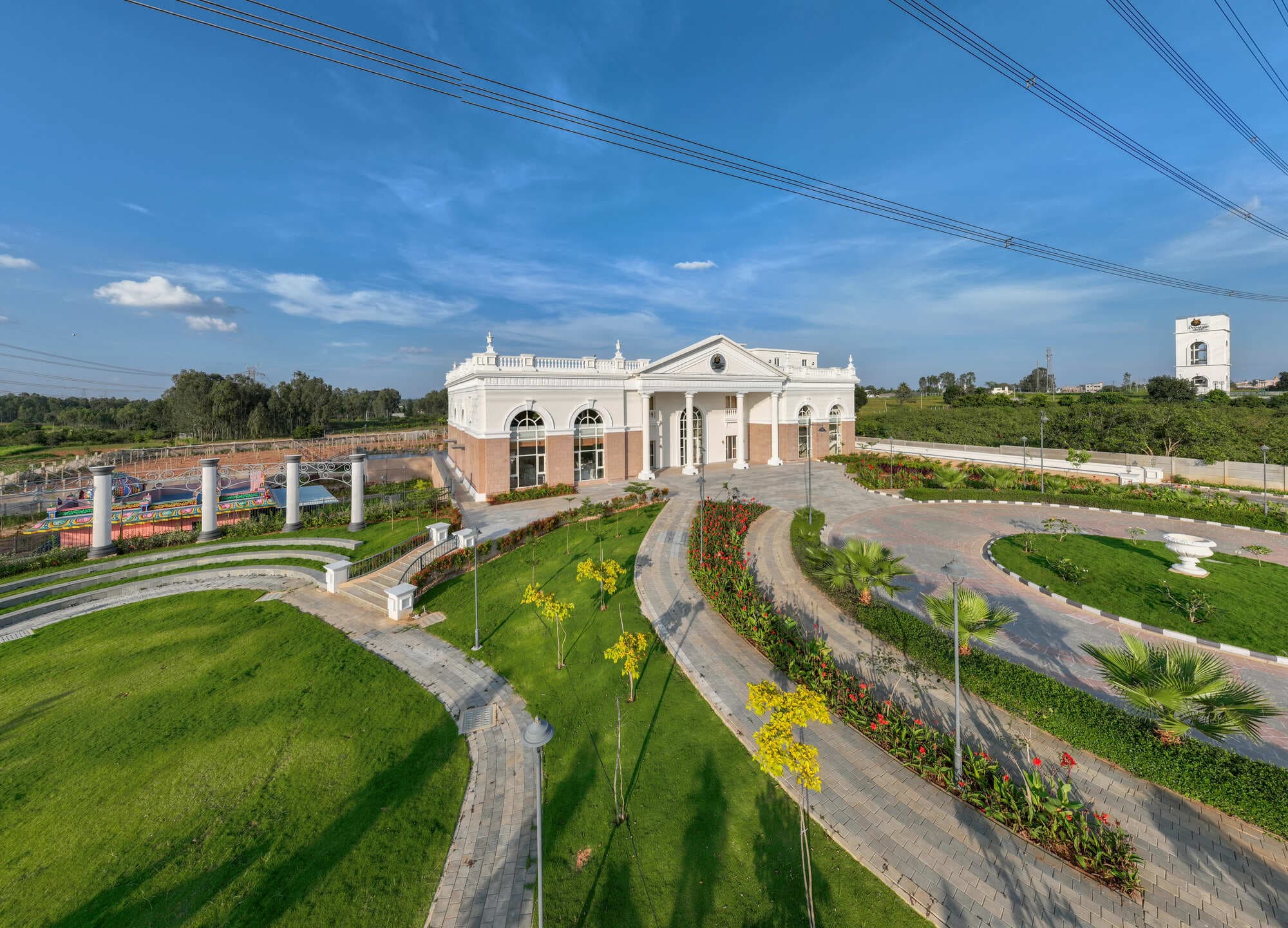 The colonnaded facade of the Marigold clubhouse