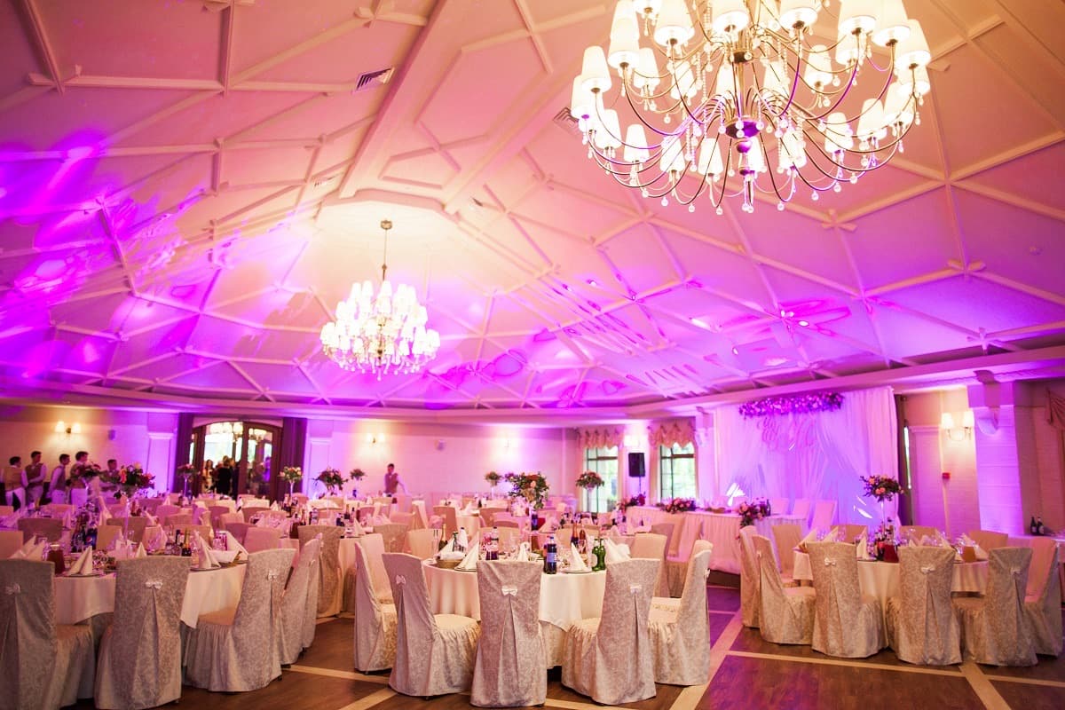Banquet hall at Nirvana dressed for a wedding reception