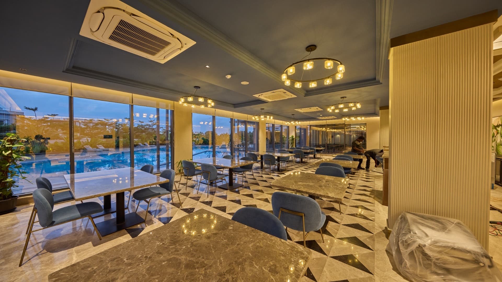 The Falcon Café at Orchards, looking out over the pool