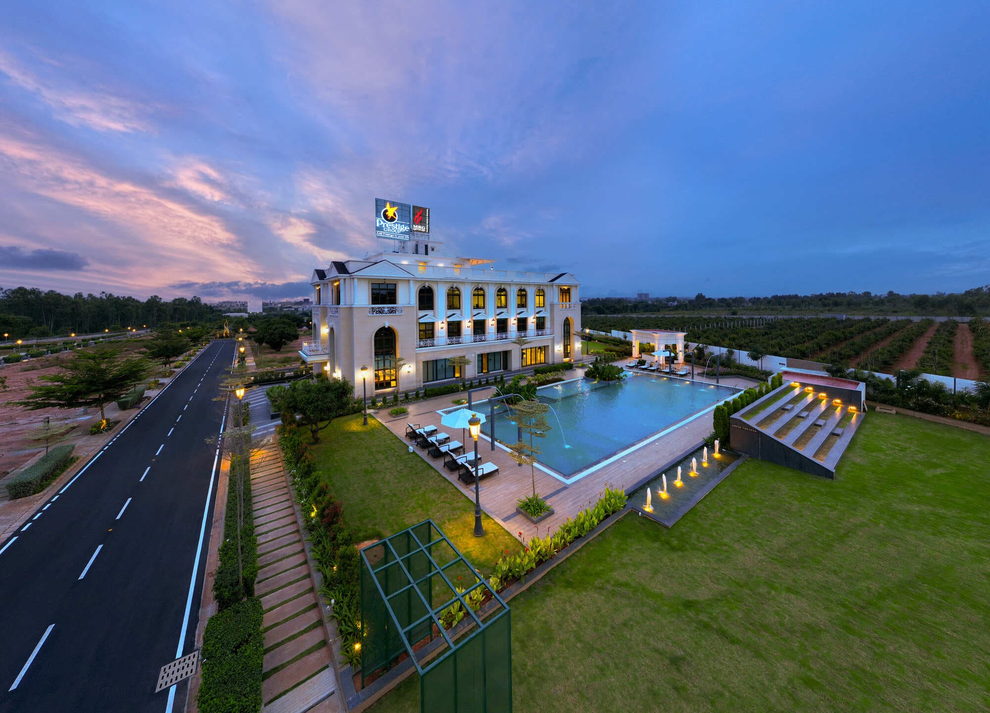Park Drive clubhouse and pool deck in the evening
