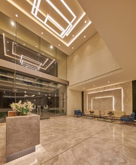 The double-height arrival lounge at Riviera