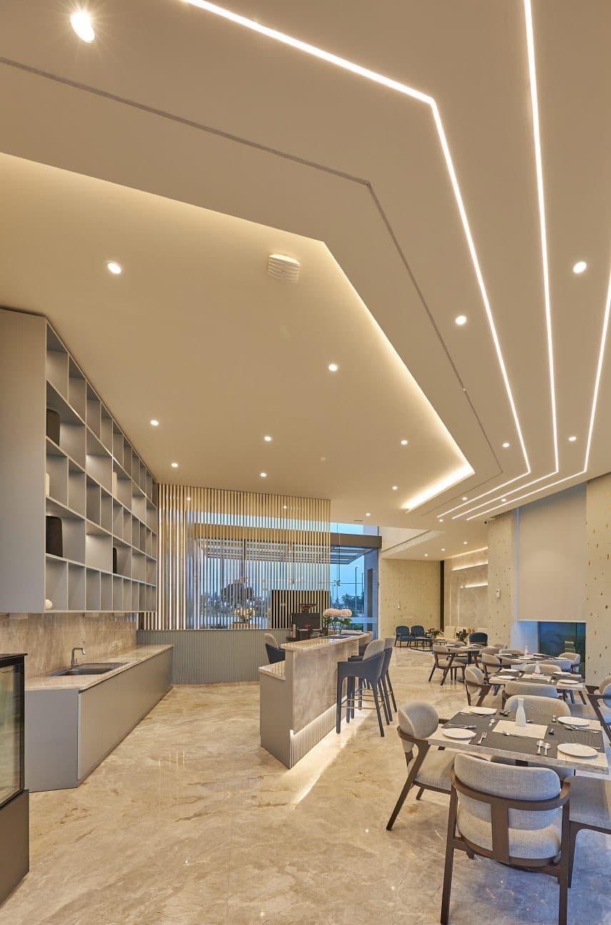 The restaurant at Riviera, with a library wall
